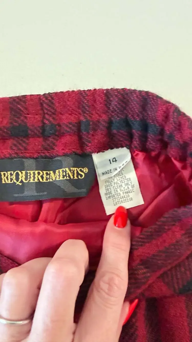Vintage Red Black Plaid Wool Blend Midi Skirt with Fringe Size 14